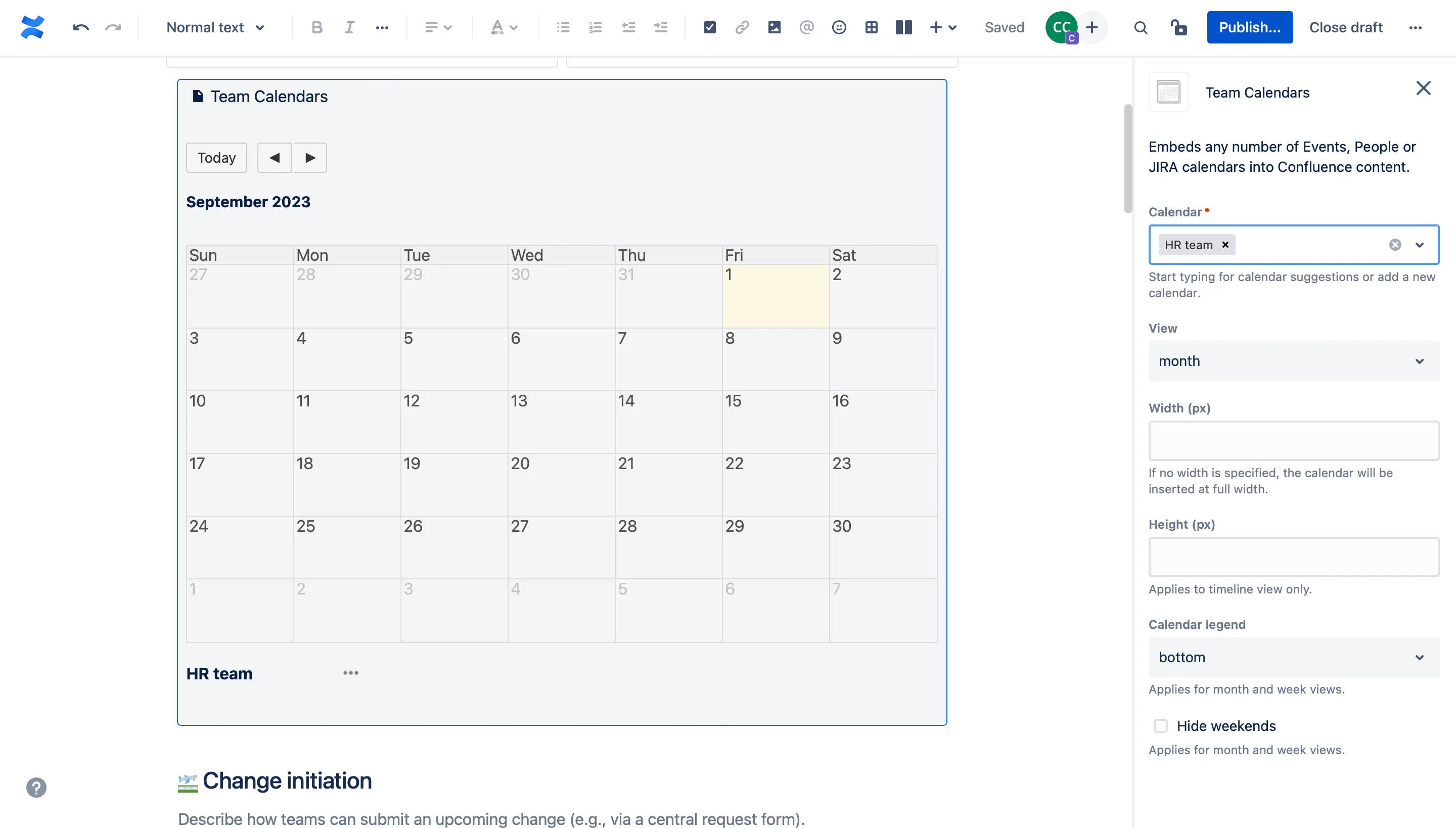 Ein eingebetteter Teamkalender auf einer Confluence-Seite