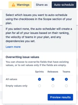 Einstellungen für die automatische Planung in Jira