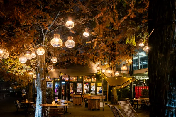 String-lit terrace at Strandzuid in the evening