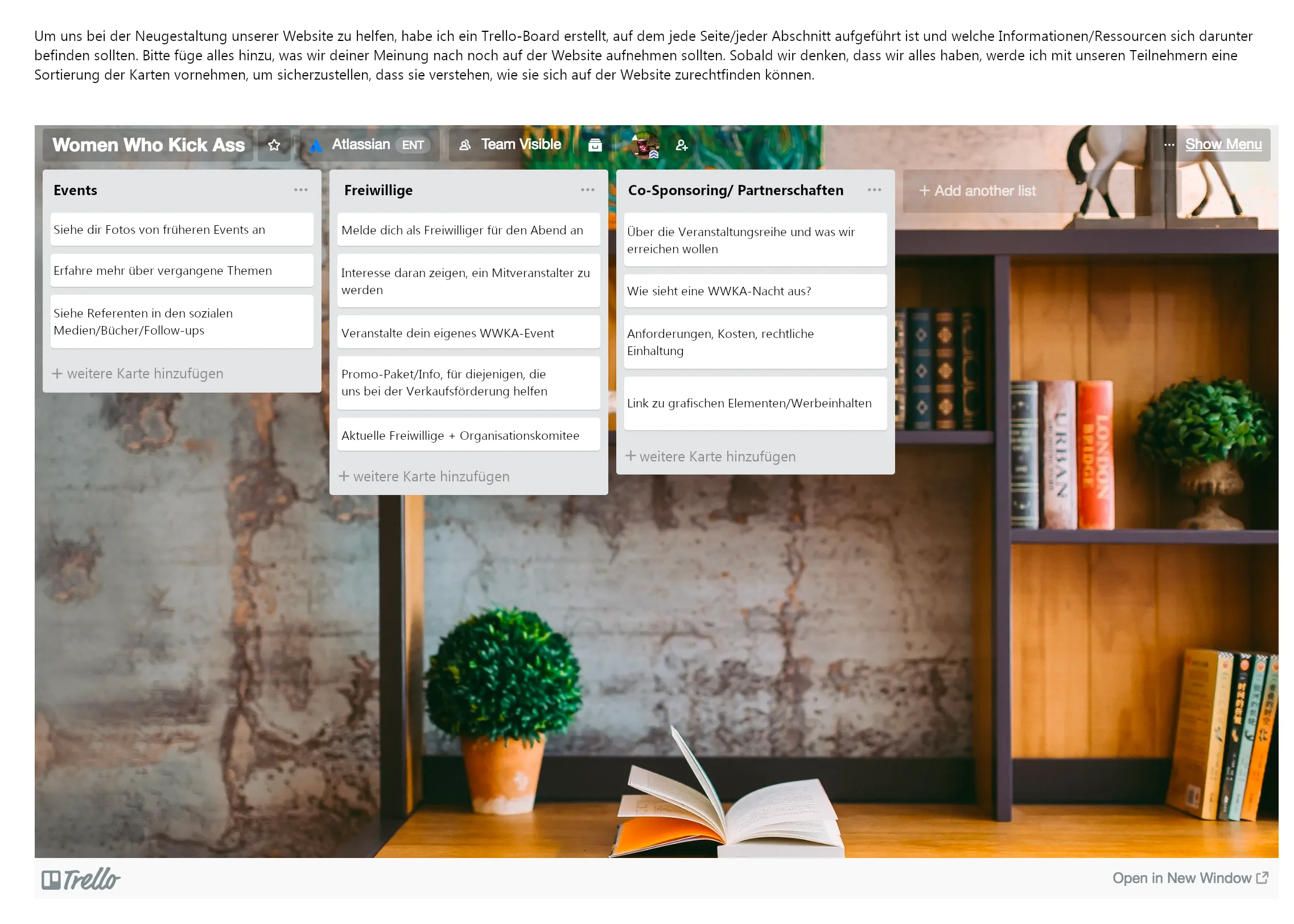 Trello Board eingebettet in Confluence Seite